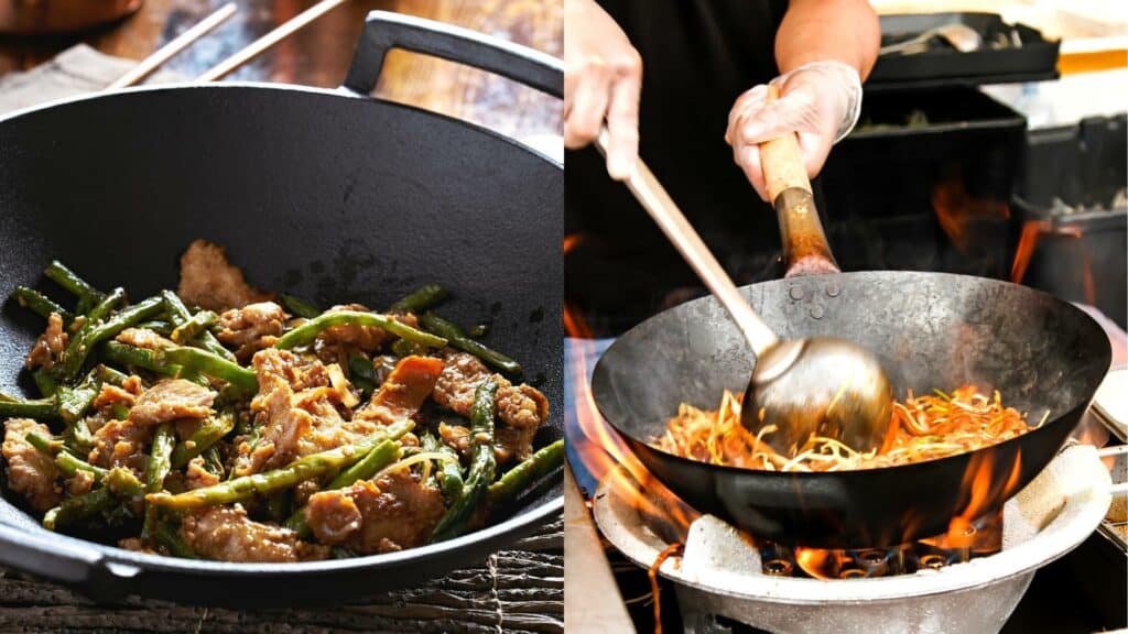 cast iron wok and carbon steel wok cooking