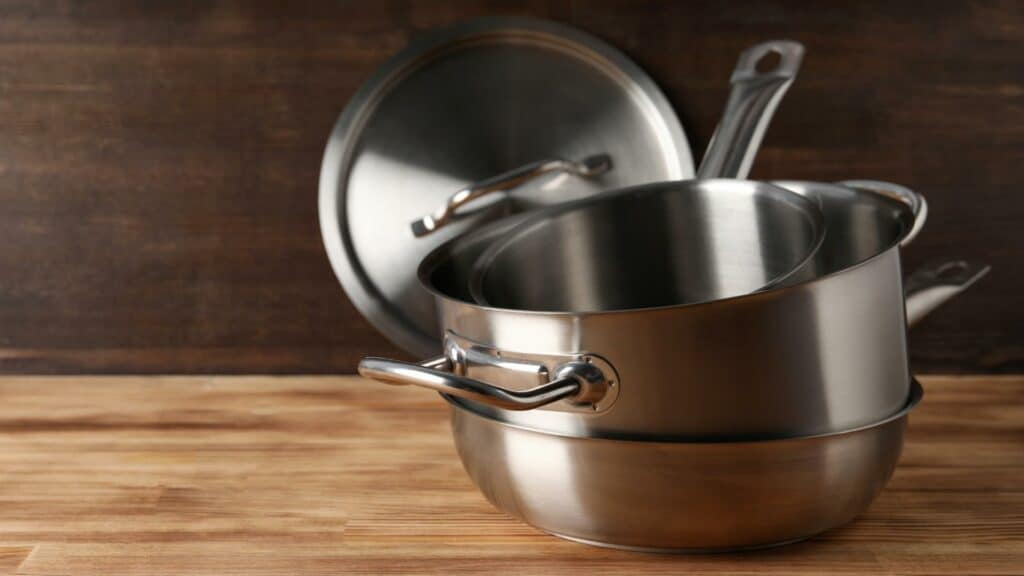 stacked stainless steel cookware