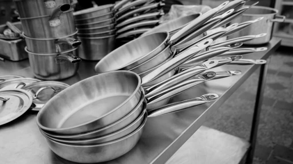 stainless steel pans in a professional kitchen